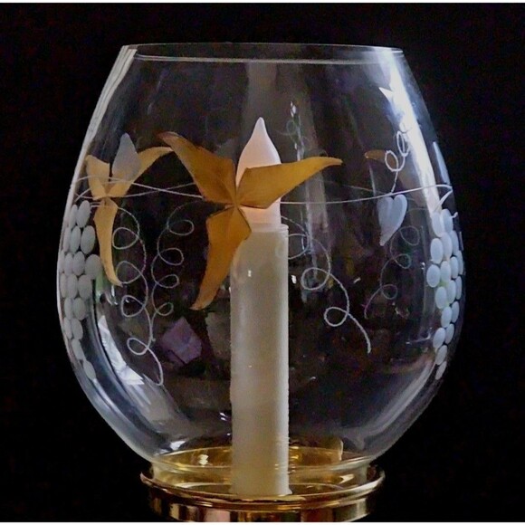 Partylite Calypso/Tuscany Gold Leaf Etched Grapes 11" Hurricane Lamp LED Pillar - Picture 3 of 10